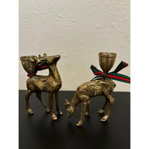 Vintage Emson Solid Brass Reindeer Candle Holders Lot of 2